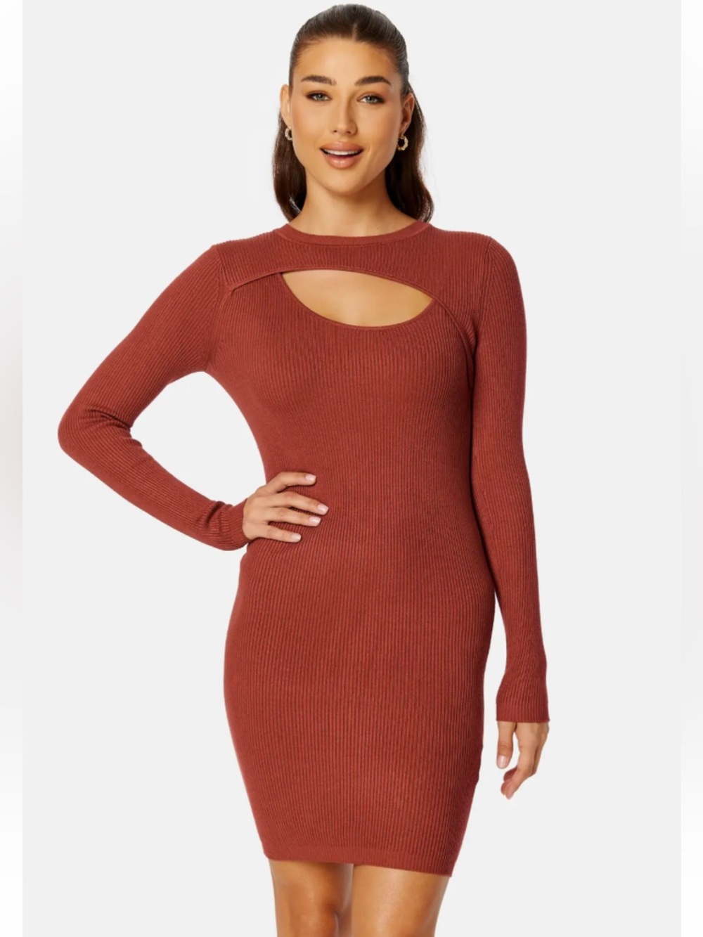 New Amazon Spiced Apple Knit Ribbed Bust Cut Out Bodycon Long Sleeve Midi Dress